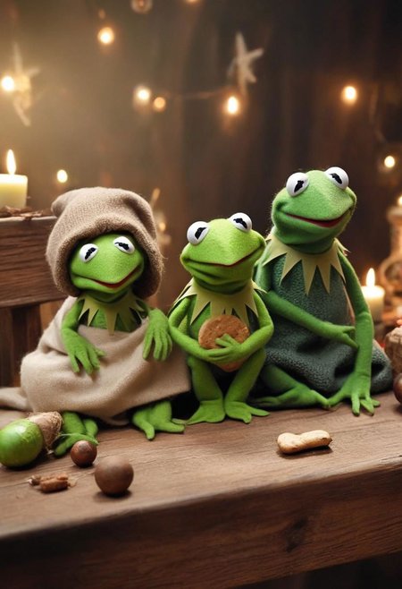 Kermit as dark grumpy Christmas monster holding cross upside down, 2-3 Muppet puppets, sitting at wooden table, looking disgusted to Viewer, shocked, mouth Open, Surprised, baby jesus, holy spirit