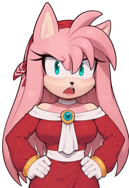 white background, simple background, sold color background, 2d, 1girl, solo, masterpiece, best quality, extreme detail, hourglass figure, wide hips, round boobs, medium breasts, narrow waist, mature female,
 1girl, solo, Sega, amy rose, white gloves, long sleeves, red dress, off shoulder, choker, green eyes, pink hair, long hair, extremely long hair, hair over shoulders, white trim, gold bracelets, red headband, animal ears, anthro female, eyelashes, baggy sleeves, 
close up, upper body, frustrated expression, hands on hips, open mouth, looking at viewer,