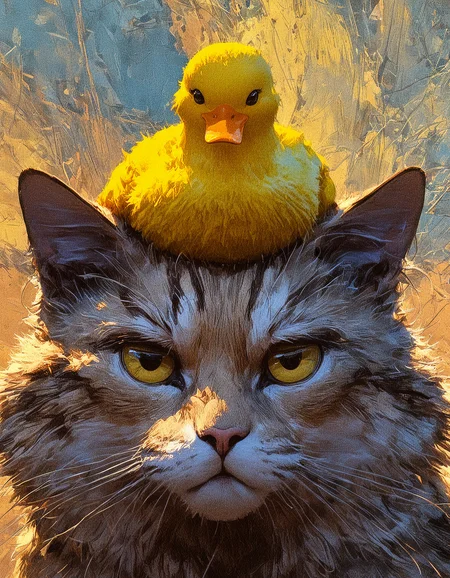 1duck, 1cat, bright yellow duckling, happy duckling, perched on the cat head, duckling on head, fluffy, large ginger cat, grumpy ginger cat, extreme close up, narrowed eyes, intense golden-yellow eyes, stacked, frontal, warm color palette, against a simple light abstract background, character-focused, 
masterpiece, best quality, amazing quality, very aesthetic, absurdres, newest,
 <lora:nhl-001:1>