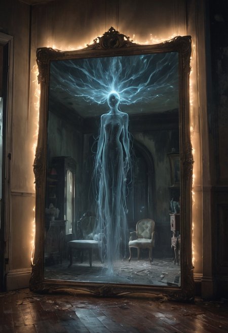 An  amazing film  photo  of a amazing dream magical   of ((amazing   liquid (((plasma)))   spectre flows from the mirror inside  haunted house:1 ))   
 maximum ultra high definition image quality and rendering, maximum image detail, maximum realistic render,  (((ultra realist style))), realist side lighting, , 8K high definition, (((8K ultra realist detailed skin)))  realist soft lighting,  (((realist skin color)))