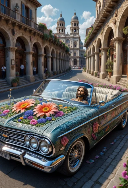 whimsical, renaissance-era, jesus-christ:1.6 driving a convertible 1964 chevrolet impala, jesus in a low-rider, israeli architecture, lush, exotic flowers, hyperrealistic, hypermaximalist, cinemescope, dynamic lighting, <lora:detailed_notrigger:0.777> <lora:DetailedEyes_V3:0.777> <lora:luxart:0.666> (charcoal, ink)
<lora:dvr-cl-dvsn:0.555> dvr-cl-dvsn