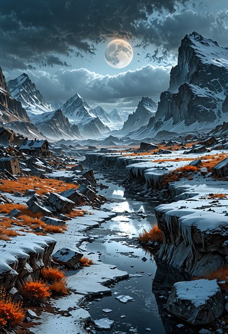 Frozen moon, A hauntingly serene, digitally painted illustration of a post-apocalyptic, ice-encrusted planet Earth, devoid of any signs of life, with a thick layer of frost and snow covering the once-lush landscapes, and eerie, dark grey clouds shrouding the horizon, casting an ominous, orange-tinged glow on the desolate, barren terrain, with the faint, foggy outlines of frozen mountains and glaciers in the distance, and the remnants of crumbling, snow-covered cityscapes in the foreground, with jagged, icy peaks and frosty, abandoned streets, roads, and buildings, all bathed in a cold, melancholic, blue-grey light, evoking a sense of loneliness and abandonment, as if the planet has been frozen in time.
<lora:EpicF4nta5yXL:0.8>
<lora:add-detail-xl:1>
<lora:WildcardX-XL-Detail-Enhancer:1>
<lora:MJ52:0.375>
<lora:CinematicStyle_v1:0.42>