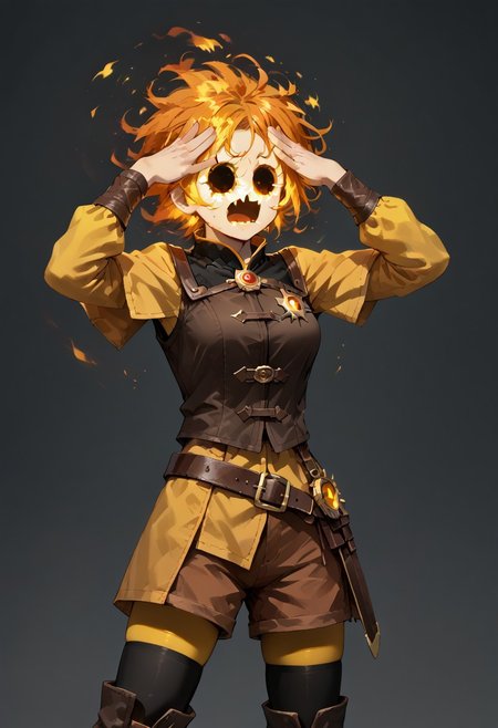score_9, score_8_up, score_7_up,
lord_of_frenzy, fire head,
novakin, faceless, no eyes, no mouth, no nose, no facial features, short fiery yellow orange hair, body made of black plasma,
open hands, hands on face front,
AhEtoBlehMeme, hands on own head,
magical girl outfit, steampunk dress, boots, (brown shorts:1.1), black tights, medium breasts, belt,
simple background, grey background,