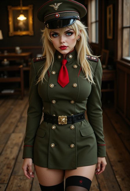 She is approximately 18 years old, petite, Full body view,dynamic angles, photoshoot poses, she has an evil smile, She has blonde hair, A photo of T@nya_TE a young woman,is dressed in a military uniform, black thigh highs, and black boots, with a hat and a tie. She is looking at the camera. The photo is in a black and white style, giving it a vintage feel. she is wearing a green jacket and a red tie, which adds a pop of color to the image. The background is blurred, focusing the viewer's attention on  her uniform. wooden floor,she is looking directly at the camera with a evil expression on her face.  The overall mood of the image is intense and dramatic,RAW candid cinema,16mm,color graded portra 400 film,remarkable color,ultra realistic,textured skin,remarkable detailed pupils,realistic dull skin noise,visible skin detail,skin fuzz,dry skin,shot with cinematic camera,detailed skin texture,(blush:0.2),(goosebumps:0.3),subsurface scattering,beautiful photograph in the style of Augustus John,Sergio Toppi,Virginia Frances Sterrett,8k HD,detailed skin texture,ultra realistic,textured skin,analog raw photo,cinematic grain,whimsical.perfection style,aidmareduxstyle, aidmafluxpro1.1
