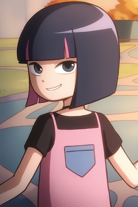 <lora:kele:1>,kele,1girl,solo,black eyes,blue eyes,short hair,two-tone hair,black hair,pink hair,colored inner hair,bob cut,blunt bangs,shirt,t-shirt,black shirt,pink shirt,short sleeves,smile,looking at viewer,, masterpiece,best quality,amazing quality,absurdres, anime screenshot, lazypos ,