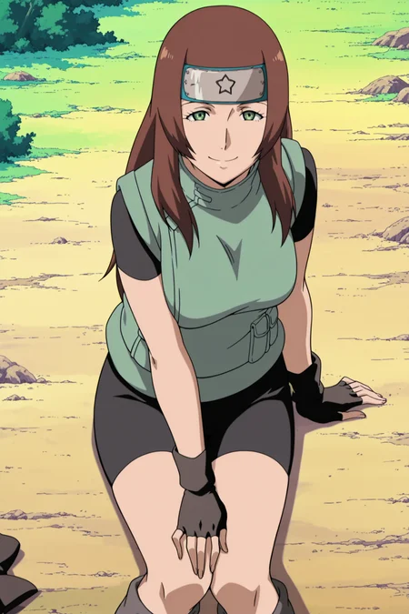anime coloring, anime screencap, masterpiece, best quality, amazing quality,
outdoors
 <lora:Natsuhi_Naruto:1>
mature woman, 1girl, solo, long hair, green eyes, brown hair,
fingerless black gloves, light green vest, black bike shorts, forehead protector, konohagakure symbol, boots,
looking at the viewer, sexy smile, sitting on the ground,