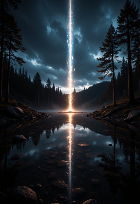 a reflective mysterious lake, autumn forest background, overcast sky,  a bright brilliant and eerie light emits from the bottom of the lake and shoots up into the sky as a beam, highly detailed and cinematic, aidmasoftglow , aidmaMJ6.1, aidmaHyperrealism<lora:MysticFantasydetailer:0.6> <lora:aidmaSoftGlow:0.8> <lora:aidmaHyperrealismv0.3:0.4> <lora:aidmaMJ6.1v0.4:0.4>