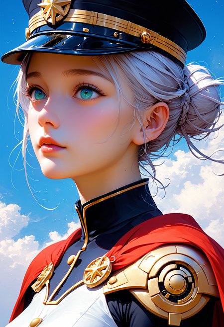 ASCII, photorealistic, OLED, score_9, score_8_up, score_7_up, score_6_up, 1girl, extremely detailed photo of a beautiful woman, nordish woman, 25 yo, round face, cheekbones, wide chin, wide lower jaw, small_nose, small eyebrows, small eyes, turquoise eyes, white hair, strands of hair falling over the face, hair tied into a bun at the back, black military cap, black tight-fitting military jacket with gold buttons, black leggings, red cape with gold fringed shoulder pads, in the galaxy, in front of a planet and the cosmos, side view, raise her arms, dark blue sky, <lora:Expressive_H:0.5> ExpressiveH,<lora:Sinozick_Style_XL_Pony:0.2>, sinozick style, everything is shrouded in white mist, starsky background by jed-cosmos style,  <lora:Jed-Cosmos-sdxl:0.4> Jed-Cosmos