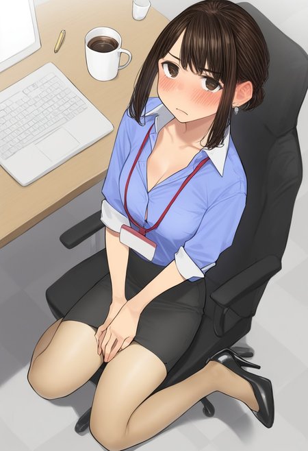 yomu (sgt epper), douki-chan (douki-chan), ganbare douki-chan, 1girl, blouse, blue shirt, blush, breasts, brown eyes, brown hair, chair, checkered floor, coffee mug, collarbone, collared shirt, computer, computer mouse, cup, desk, disposable coffee cup, disposable cup, earrings, formal clothes, from above, frown, high heels, jewelry, lanyard, laptop, looking at viewer, medium breasts, miniskirt, mug, office, office chair, office lady, own hands together, pantyhose, paper, pen, pencil skirt, see-through clothes, see-through legwear, shirt, sidelocks, sitting, skirt, skirt suit, sleeves rolled up, solo, suit, swivel chair, zPDXL3