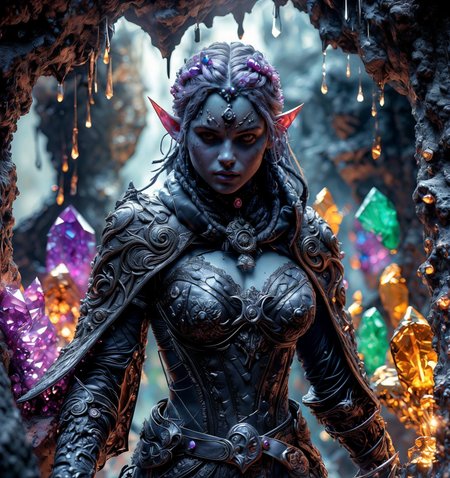 RAW photo, (masterpiece:1.3), subsurface scattering, heavy shadow, (high quality:1.4), (intricate, high detail:1.2), professional photography, HDR, High Dynamic Range, realistic, ultra realistic, photorealistic, high resolution, film photography, ambient lighting, atmospheric effects, <lora:detail_slider_v4:2>, OverallDetail, <lora:CrystalCaves:0.96>, cave, cryca, colorful crystals, gems, beams of light, water dripping from walls,  <lora:Drow:0.8>, a female drow scout, wearing intricate leather armor, dynamic pose, cape, epiCPhoto, <lora:zoom_slider_v1:-2>