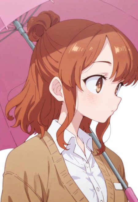 masterpiece, best quality, amazing quality, very aesthetic, absurdres, diives,
masterpiece, 8K, depth of field, focused subject, best quality,newest, absurdes, 
Moeko Sekine, 1girl, solo, brown eyes, brown hair, single hair bun,Moeko blue blazer (outfit), collared shirt, white shirt | pink umbrella | holding umbrella
,dynamic pose,simple background, white background,