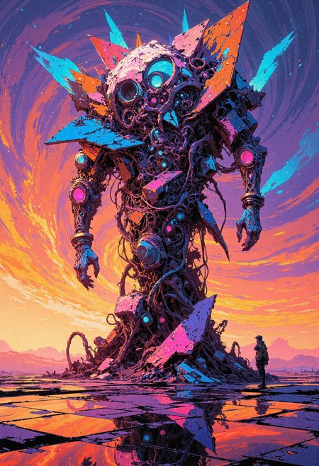 masterpiece, high-quality, surreal futuristic sculpture, A towering figure of interlocking chrome and iridescent glass stands in the center of a stark, reflective plaza. The figureâs head is crowned by short, geometric plates of neon-lit steel that pulse with a low, rhythmic glow. Long, transparent tubing spirals down its arms and torso, carrying a faintly luminescent fluid that shifts in color with each heartbeat-like pulse. A swirling, cloudless sky of gradient oranges and purples envelops the horizon, reflected in the mirrored tiles at the sculptures base. Each hyperdetailed facet of metal and glass seems to distort reality, forming a mesmerizing dance of light, shape, and infinite potential, <lora:FLUX\FLUX-daubrez-DB4RZ:0.3> <lora:FLUX\ArcaneFGTNR:0.5> <lora:FLUX\VividlySurrealApex:0.6> <lora:FLUX\Anime v1.3:0.5>