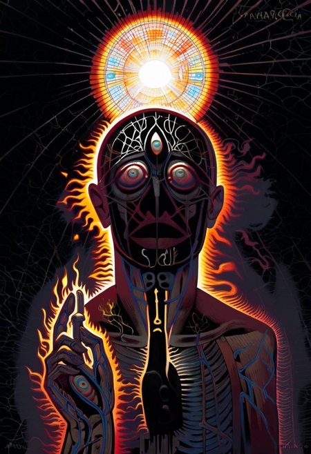 score_9, score_8_up, score_7_up, alexgrey, solo, anatomical, lattice, veins, high contrast, portrait of a bald human without face, million eyes, eye on fingers, inferno of burning sun, medieval painting, horror,  no eyes in face, eyeless face, silhouette, light on body, bright human, bright fractal psychadelic eyes in background, facepaint mask,