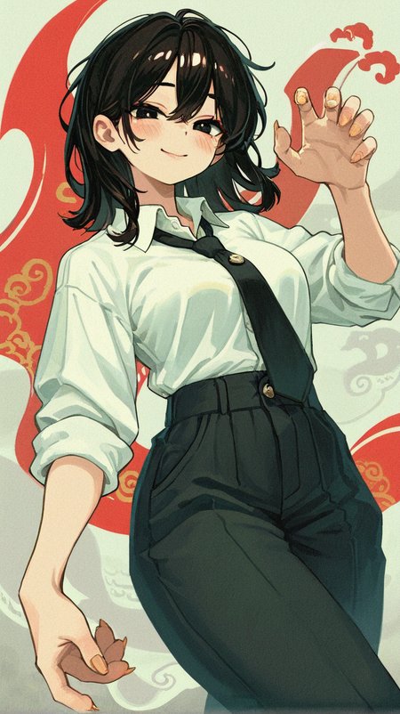 1girl, solo, breasts, looking_at_viewer, blush, smile, shirt, black_hair, hair_between_eyes, white_shirt, necktie, collared_shirt, pants, medium_hair, fingernails, claws, sleeves_rolled_up, shirt_tucked_in, white_eyes