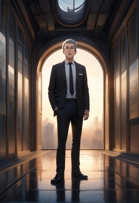 (((man)) with bristle), (graphic novel style, dark novel style:1.5),(anime), (masterpiece:1.4), (soft cinematic light:1.1), incredibly lifelike, Extremely high-resolution details, 8k, best quality,extremely detailed, contrast,
high tech design, fullbody, 
 gallery of contemporary art, inside, portrait old woman against the backdrop of a giant floor-to-ceiling window, through which one can see a city landscape with skyscrapers and a sunset , open mouth, 
man in a classic black suit 
white shirt and black tie keeps his hand on his jacket, black loafers, (((gray ((short)) bob hair))), [Nordic], round glasses, round black eyes, thin lips, bristle sharp chin, diamond long face, gray sideburns, small ears, thick gray eyebrows, sunken cheeks, (bristle)),