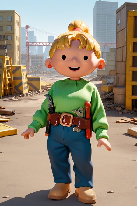 masterpiece, best quality, amazing quality, absurdres, solo, wendythebuilder, smile, open mouth, looking at viewer, dot eyes, blonde hair, ponytail, green sweater, blue pants, tool belt, tools, light brown shoes, outdoors, city, construction site, scaffolding