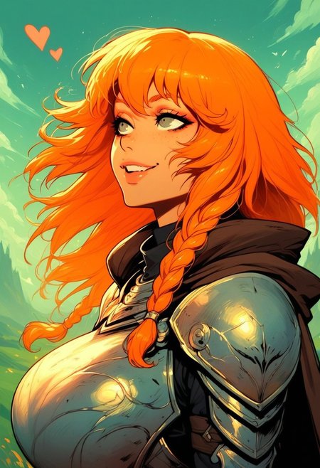 score_9, score_8_up, score_7_up, score_6_up, aesthetic, 1girl, solo, scenery, colourful, fantasy landscape, 1ly4, c0l0urfulsc3n3, g4n1m3, orange hair, perfecteyes, perfect face, perfect hands, pointy hears, braided hair, 20 years old, cloak, breastplate, armor dress, (huge breasts), hearts, half body, from side, standing, thick comic lines, g0thicPXL, smug, Expresiveh