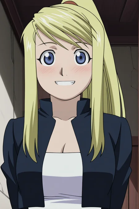 masterpiece, best quality, absurdres, highres, very aesthetic, very awa, BREAK, anime coloring, anime screencap,
<lora:winry_rockbell_v1-illustrious:1>, 1girl, winry rockbell, fullmetal alchemist, blue eyes, blonde hair, ponytail, 
winout, cropped jacket, 
BREAK, looking at viewer, upper body, grin, blush,
BREAK,