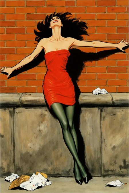 regr1 sketch. 
A woman leaning against a brick wall, set in an urban environment. She has long black hair flowing loosely and wears a short, strapless red dress that clings to her figure, emphasizing a sense of motion and sensuality. Her pose is dramatic, with her arms stretched against the wall and her head tilted slightly back, exuding a sense of vulnerability and allure. She is wearing black high-heeled shoes, and the ground below features scattered papers and debris, adding a gritty urban atmosphere. The brick wall and stone base provide a textured backdrop with warm tones, contrasting with the bold red of her dress.
 <lora:regr2_fashion_nocap_d6a3:1.0><lora:807673311875297848:0>