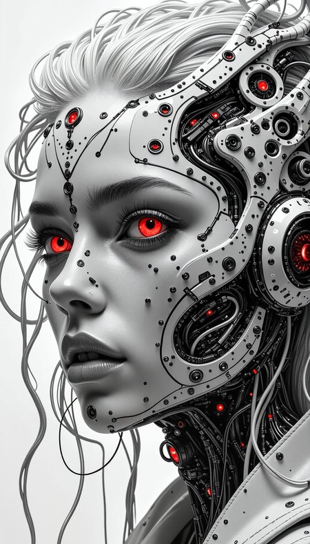 A hyperdetailed, hyperrealistic, moody photorealistic portrait in the style of analog photography, rendered as a surreal monochrome line artwork composed entirely of unbroken, bold, flowing thick lines. The image depicts a close-up of an ethereal African woman with albinism, her luminous pale skin, white flowing hair, and striking red-violet eyes fully visible, seamlessly integrated into the intricate linework. Her busty figure and dynamic hair are accentuated by hypnotic line patterns. Surrounding her are cyborg figures, their faces unmasked, revealing sleek cybernetic implants and glowing circuitry woven into their skin. The lines form an optical illusion, creating cinematic depth in stark black and white, drawing the viewer into a mesmerizing 16K composition. <lora:Elden_Ring_-_Yoshitaka_Amano:0.07> <lora:Movie_Portrait:0.08> <lora:-_Flux1_-_soothing_atmo_V2.0:0.04> <lora:Neurocore_Anime_Cyberpunk_by_ChronoKnight_-_[FLUX]:0.35> <lora:KB_Kentmere400_FLUX:0.05> <lora:Neurocore_Sci-Fi_Cyborg_Portraits_by_ChronoKnight_-_[FLUX]:0.45> <lora:Nina_Caliente-000003:0.05> <lora:FluxProtectorsOfNature:0.25>