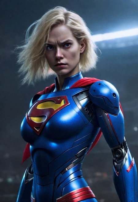(masterpiece),
(robotic), 
1girl, blonde , floating hair,
superman,
angry mood,
 upper body shot, 
 HDR, highly detailed, 32k, trendind on artstation,