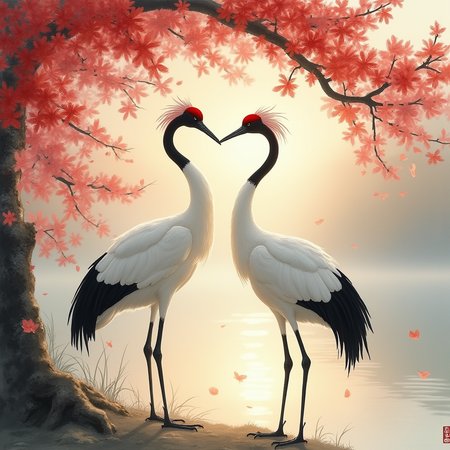 {
  "T5": "An awe-inspiring **Japanese ink wash painting**, depicting **two elegant red-crowned cranes standing beneath a majestic red sakura tree, their long necks forming a graceful heart shape as they move in perfect unison.** The petals of the cherry blossoms swirl around them, caught in the soft glow of the rising sun, casting golden-pink hues across the sky.  

The cranes, with their **striking white feathers, deep black accents, and brilliant red crowns**, embody a sense of **grace, longevity, and devotion**. Their **slender legs move with precise elegance**, as if performing a sacred dance of love.  

The painting captures the moment with **delicate brushwork**, using soft, flowing strokes to depict the misty landscape, giving the scene an almost dreamlike serenity. In the background, a **tranquil lake reflects the silhouette of the sakura branches, shimmering with golden reflections**.  

The entire composition exudes **refinement, grace, and poetic romance**, celebrating the timeless beauty of devotion and harmony found in nature.",
  
  "CLIP-L": "red-crowned cranes, Japanese ink wash painting, red sakura, cherry blossoms, poetic romance, elegant composition, tranquil lake, graceful birds, traditional art style, sunrise glow, delicate brushwork, soft misty background, symbolic love"
}
