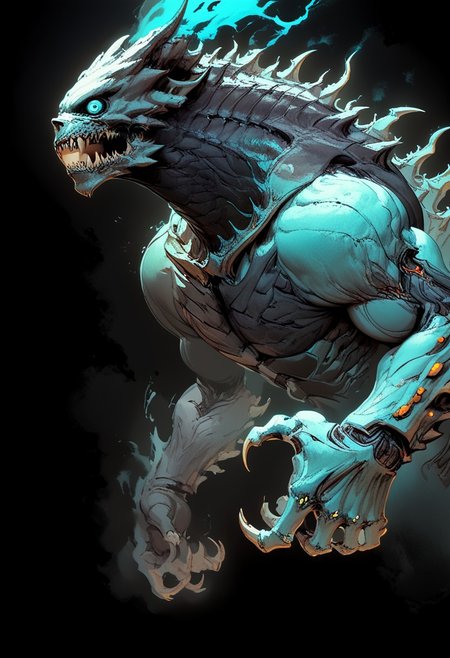 score_9, score_8_up, score_7_up, from side, looking at viewer, kaiju No.8, dorsal spines, glowing cyan, scaled skin, muscular, hunched, sharp claws, fangs, mechanical parts, looking at viewer, electric aura,
dark aura, black background, screaming