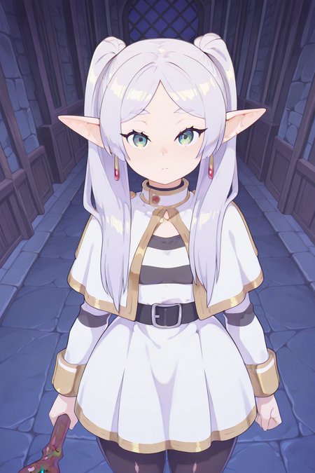 1girl,looking at viewer,facing viewer, front viewer,<lora:Kaikoinu:1>kaikoistyle, <lora:SousouNoFrieren_Frieren_IlluXL:1> FrierenCasual,grey hair, long hair, green eyes, twintails, parted bangs, earrings, pointy ears,small breasts,flatCasual, striped shirt, white capelet, black belt, white skirt, long sleeves, black pantyhose, holding staff, breasts,digital illustration,1girl, masterpiece, best quality,highres,