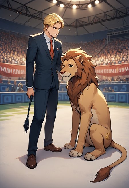 score_9,score_8_up,core_7_up, circus-tent, audience, sitting crowd, arena, 1boy, human, lion-tamer,  holding whip, standing, full body, indoors, night, red suit, tassel applications on suite, 
BREAK
wild animal, feral, lion, lion, feet on ground, hay on ground,