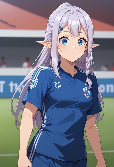 score 7 up, solo, 1girl, , <lora:IsekaiNonbiriNouka_RiaXL:1> RiaINN  ,  light purple hair, long hair, side braid, blue eyes, pointy ears, hairclip, , <lora:soccer uniform_pony_V1.1:1> soccer uniform, soccer,,