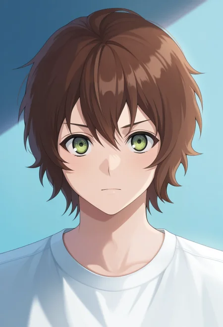 masterpiece, best quality, , semi-realistic, looking at viewer, 1boy, solo, male focus, <lora:yoichi_saotome_ilxl:1>, yoichi_saotome, brown hair, green eyes, short hair, , ,