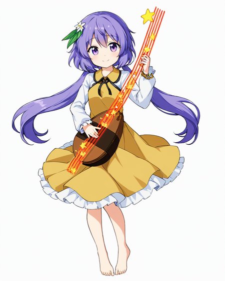 tsukumo benben,1girl, lute_\(instrument\), one_eye_closed, barefoot, dress, solo, biwa_lute, hair_flower, smile, twintails, long_sleeves, chain, white_background, simple_background, looking_at_viewer, feet, full_body, music, eighth_note
<lora:tsukumo_benben_image916_2023-12-20-000015:1>,star-shaped_pupils,symbol-shaped_pupils,. gorgeous,key visual, vibrant, studio anime,award-winning, professional, highly detailed,high budget, cinemascope
