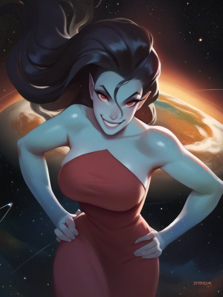score_9, score_8_up, score_7_up, 1girl, leaning forward, evil smile, looking at viewer, smile, cowboy shot, (dynamic pose:1.1), dynamic angle, sexually suggestive, hands on hips, cosmic, space, stars, earth \(planet\), 
 <lora:ASinbadEris_character:0.85>, ErisXLP, long hair, black hair, colored skin, red eyes, strapless, dress, blue skin, clean skin, big breast, <lora:Bonifasco_PonyXL_v1:0.65>
