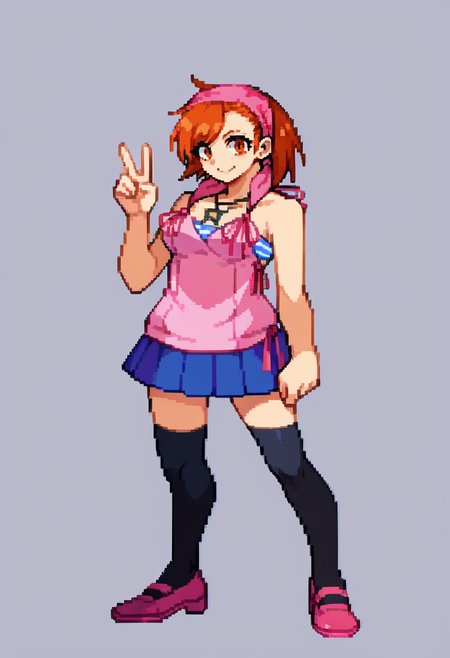 score_9, score_8_up, score_7_up, source_anime, BREAK, solo, 1girl,  <lora:Yuzu-pdxl_Fp:1>, yuzudesu, orange hair, orange eyes, short hair, bandana, pink camisole, tube top, necklace, skirt, black thighhighs, pink footwear,  <lora:CPS2-pdxl_Fp:1>, full body, simple background, looking at viewer, pixel art, white background, standing,  looking at viewer, v