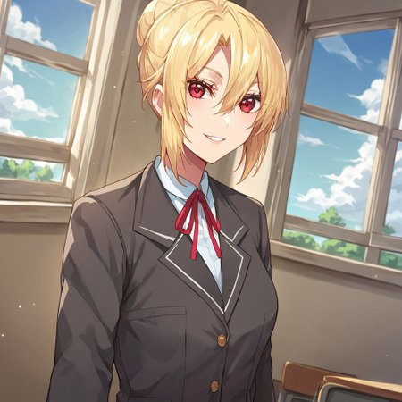 score_9, score_8_up, score_7_up, source_anime, angelica, blonde hair, single hair bun, red eyes, school uniform, pleated skirt, classroom, window, clear sky, clouds, smile, parted lips, looking at viewer, cowboy shot, dutch angle, solo,