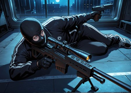 masterpiece,best quality,amazing quality,very aesthetic,absurdres,newest, huge filesize,
<lora:spo_sdxl_10ep_4k-data_lora_webui:0.5>,
holding gun, sniper rifle, science fiction, aiming, on stomach, from above, from side  
on side,
night,
<lora:the_fable__satou_akira__satou_youko__misaki__ebina_._kojima:0.8>,
1boy, 1man, standing,   Track jacket, black sneaker, handgun,neck,full black clothes,
f_akira, black Balaclava, pro killer,