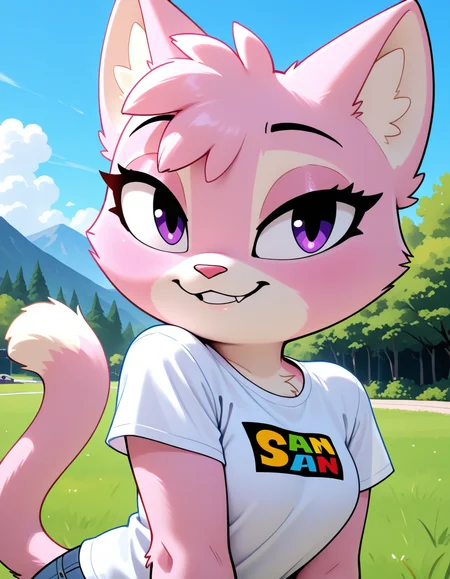 masterpiece, best quality, very aesthetic, absurdres,
outdoors, casual, 
upper body, headshot,
t-shirt, 
seductive smile, parted lips, long eyelashes,
 <lora:Jana_v01_NAIXL:1>
J4n4,1girl,solo,furry,furry female,cat girl,cat ears,purple eyes,animal nose,body fur,two-tone fur,pink fur,white fur,cat tail,