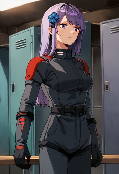 zPDXL3, asano_ruri, purple eyes,  long hair, purple hair, hair ornament,  virtual youtuber,bangs,hair flower, medium breasts,black spacesuit, black gloves,cowboy shot, locker room