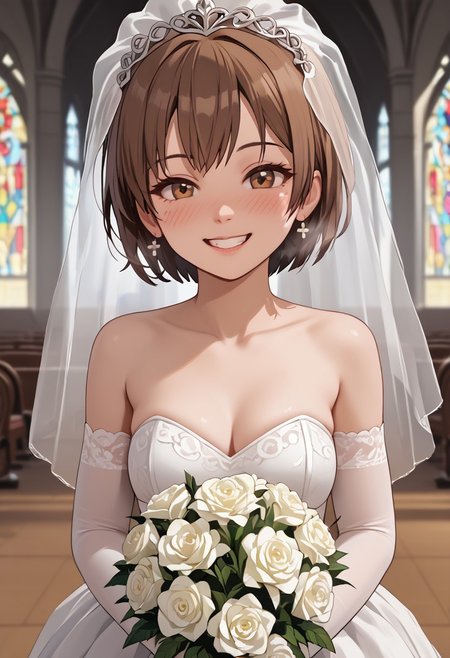 score_4,score_5,score_6,score_7_up,score_8_up,score_9 ((masterpiece,best quality,ultra detailed,highres,HD,4k:1.2)), 
1girl, solo,solo focus,girl focus,face focus,
short hair,brown hair,brown eyes, 
wedding dress, wedding veil,bouquet,
wedding ceremony, church,
looking at viewer,happy,smile,blush,Smiling with teeth showing,
