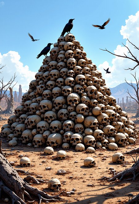 Large pile of human skulls forming a pyramid, skulls scattered around the base, some partially buried in the dry ground. Black ravens perched on the skulls and flying overhead, a desolate and barren landscape with dried trees, distant ruins on the horizon, clear blue sky, harsh midday lighting, shadows cast on the ground, high level of detail, realistic, ominous, somber mood.  <lora:FluxMythP0rtr4itStyle:0.8> MythP0rt,