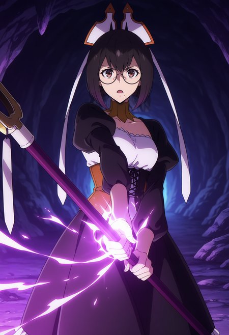 anime screencap, masterpiece, best quality,
<lora:SoloLeveling_LeeBora_IlluXL:0.9>,
1girl, solo, open mouth, serious,
short hair, black hair, brown eyes, mole under mouth, round eyewear,
LeeBora, hair ribbon, white ribbon, detached collar, black dress, white dress, corset, frilled skirt, medium skirt, black skirt, juliet sleeves, 
holding staff,
casting spell, magic, purple theme,
standing, looking at the viewer, cowboy shot,
cave, dark