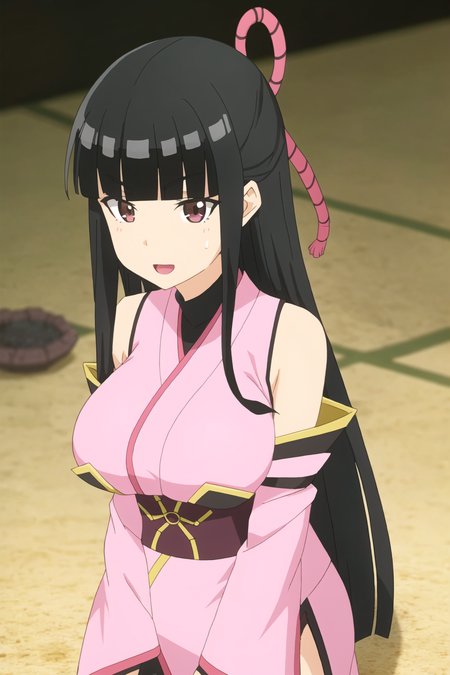 kasumi, anime art style, 1girl, solo, long_hair, breasts, open_mouth, bangs, large_breasts, black_hair, hair_ornament, brown_eyes, upper_body, detached_sleeves, japanese_clothes, sleeveless, blunt_bangs, kimono, sweatdrop, sash, obi, pink_kimono, sleeveless_kimono