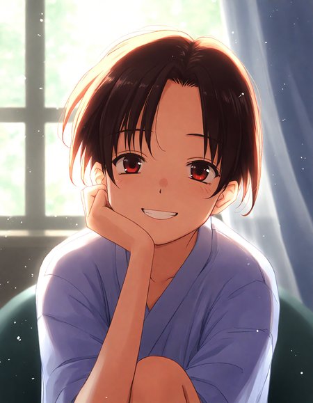 score_9, score_8_up, score_7_up, masterpiece, best quality, absurdres, official art, official style, (anime coloring, anime screencap, megami magazine, flat color:1.3), zPDXL2, zPDXLxxx,
<lora:Tsuina Style Pony_epoch_10:1.0>, tsuina_style
(cute face, beautiful face, detailed face, perfect face:1.3), 
dim lighting, light particles, dramatic lighting, bokeh, volumetric lighting, double exposure, 
rating_safe, sitting, indoors, (portrait|upper body:1.3), , (from above:1.3)
, smile, blurry, red eyes, no humans, grin, parody, glowing, depth of field, black eyes, dark, curtains, looking at viewer