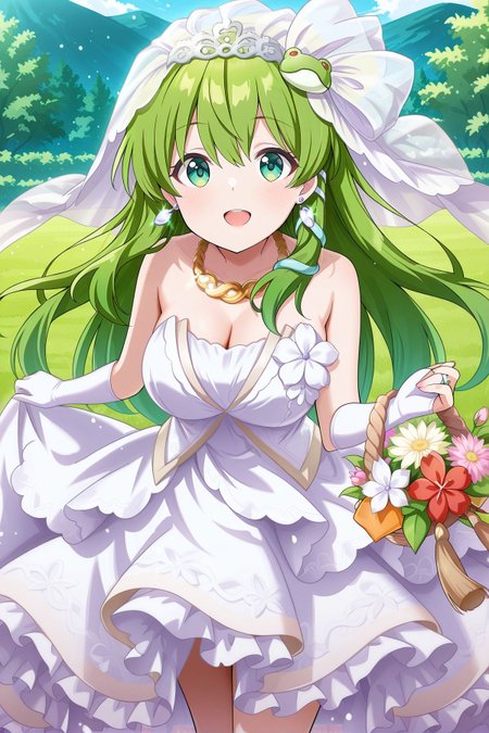 absurdres, highres, masterpiece, best quality, amazing quality, official anime artwork, screencap, anime screencap, outdoors, looking at viewer, dynamic pose, 
 <lora:Sanae-Kochiya_IllustriousV2:1> kochiya sanae, 1girl, solo, green eyes, green hair, long hair,, kochiya sanae \(the white miracle that brings good luck\), alternate costume, bridal veil, white veil, earrings, yellow necklace, jewelry, white gloves, bridal gauntlets, elbow gloves, bare shoulders, sleeveless, strapless, cleavage, pink dress, white dress, frilled dress, flower basket, bouquet, tassel, wedding dress, wedding ring, white shoes,