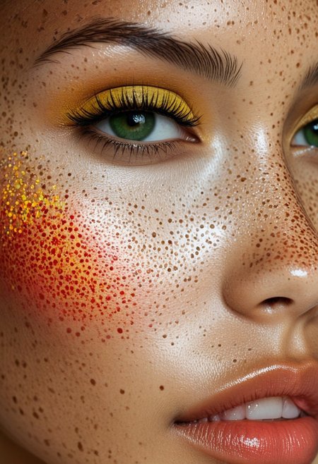 beautiful asian lady, freckles, brilliant glitter makeup, (red and blue and yellow and green and vitiligo skin: 1.5), perfect, hyperdetailed photography, soft light, upper body portrait, cover,, best quality, (detailed beautiful face, detail skin texture, ultra-detailed body:1.1)