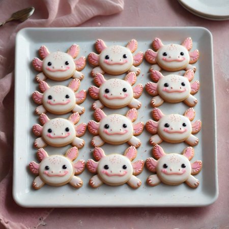 <lora:lora:1>cookie art design,  <lora:Axomodelv2.1:1> delicious cute axolotl  cookies on a tray,  <lora:add-detail-xl:1>