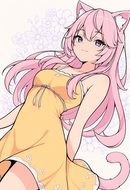 masterpiece, best quality, 1girl, solo, Ny4nners, purple eyes, pink hair, long hair, cat ears, cat tail, lineart, smile, yellow sundress, floral background, print background, dutch angle, dynamic pose, <lora:ChamNyatashaNyannersNoob:1>
