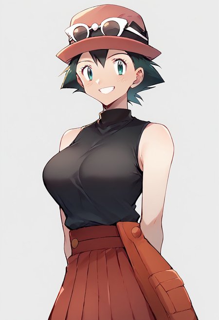 score_9, score_8_up, score_7_up, ((ash3)), black hair, 
1girl, big breasts, genderswap (mtf),gender swap, solo,  ketchum ash, looking at viewer, (smiling) , curvy,  wide hips,, <lora:jyojimizugi_XL_V1.0:0.6> jyojimizugi,
eyewear on head, hat, pleated skirt, sunglasses, black shirt, sleeveless, red skirt, jockey hat,
serena,