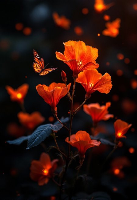 portrait, masterpiece, 4k, ray tracing, intricate details, highly-detailed, hyper-realistic, 8k RAW Editorial Photo.
vibrant orange Bleeding Hearts flowers and glowing red butterflies against a pitch-black background Painterly,  surreal, vibrant glow, bokeh, 8k,
cinematic light, dramatic light, shallow depth of field,  high budget, bokeh, cinemascope, film grain,