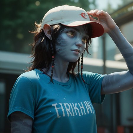 score_9, score_8_up, score_7_up, score_6_up, score_5_up, score_4_up, 1girl, Kiri, blue skin, Tshirt, baseball cap